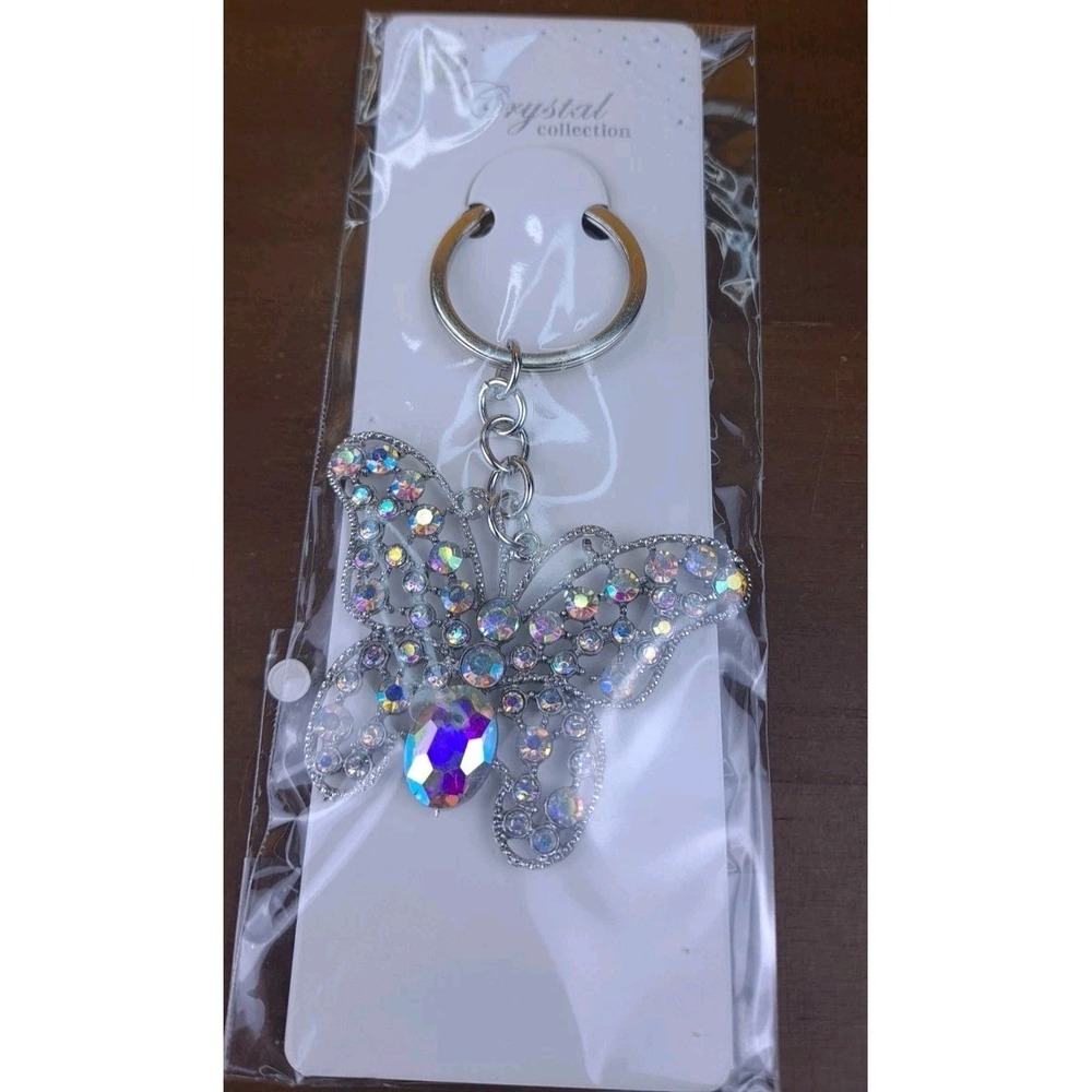 NIP Crystal Collection Reflective Crystal Butterfly Silver Tone Keychain